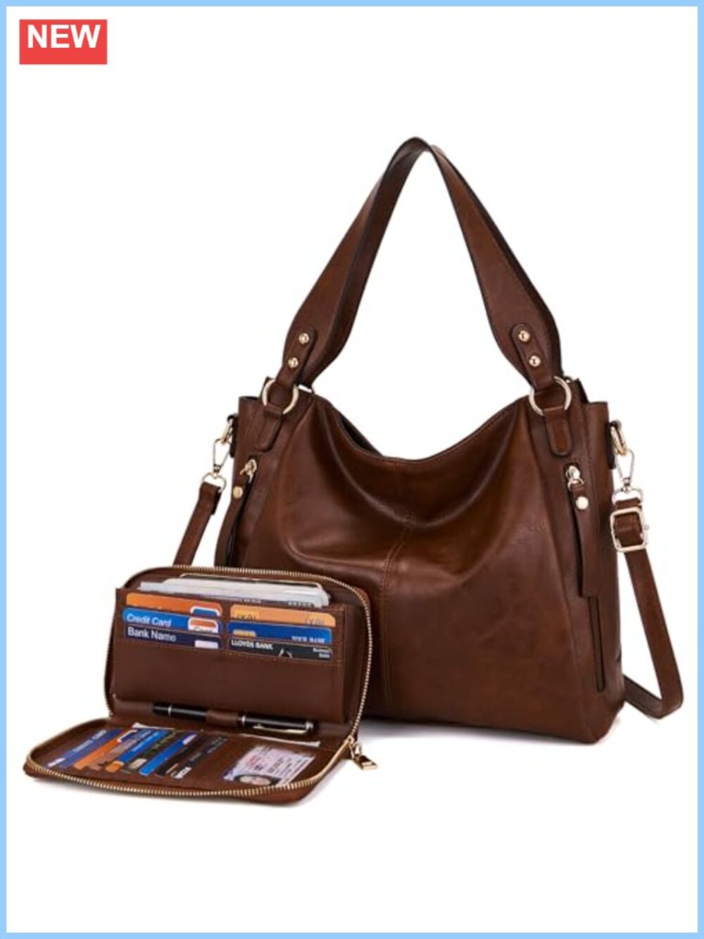 Synthetic Leather Hobo Tote Shoulder Bag & Wallet Set 2pc